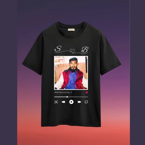 Yahan is product image ke liye SEO-friendly alt text hai: Alt Text: "Custom Picture Printed Music Style Black T-Shirt with Personalized Photo Print - WM Creations