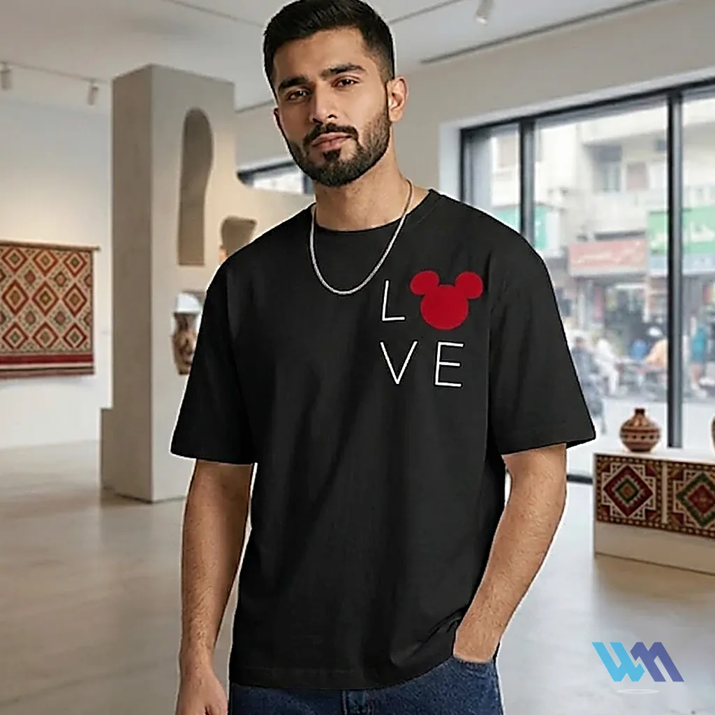 Kaifi Khalil black oversized drop shoulder t-shirt with Love Mickey print - custom streetwear Pakistan