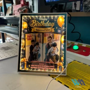 Custom LED magic mirror photo frame with birthday design and personalized photo print - WM Creations Pakistan