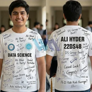 Custom comment day t-shirt for Data Science students with handwritten messages - front and back print Nawabshah