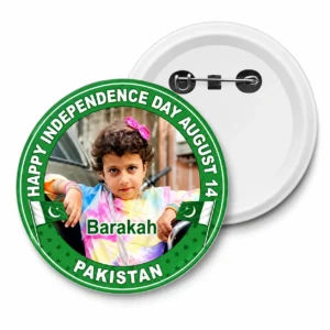 Custom 14 August Independence Day pin badge with personalized name and picture - green Pakistan flag design with crescent moon and star
