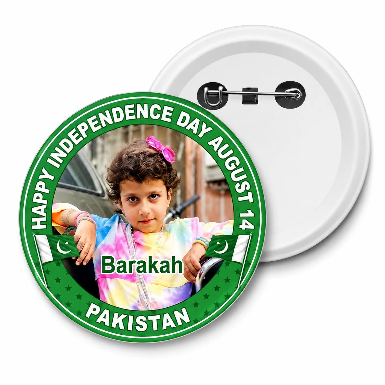 Custom 14 August Independence Day pin badge with personalized name and picture - green Pakistan flag design with crescent moon and star