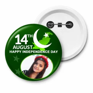Personalized Independence Day button badge with child's photo and name - round pin badge with Pakistan flag border design