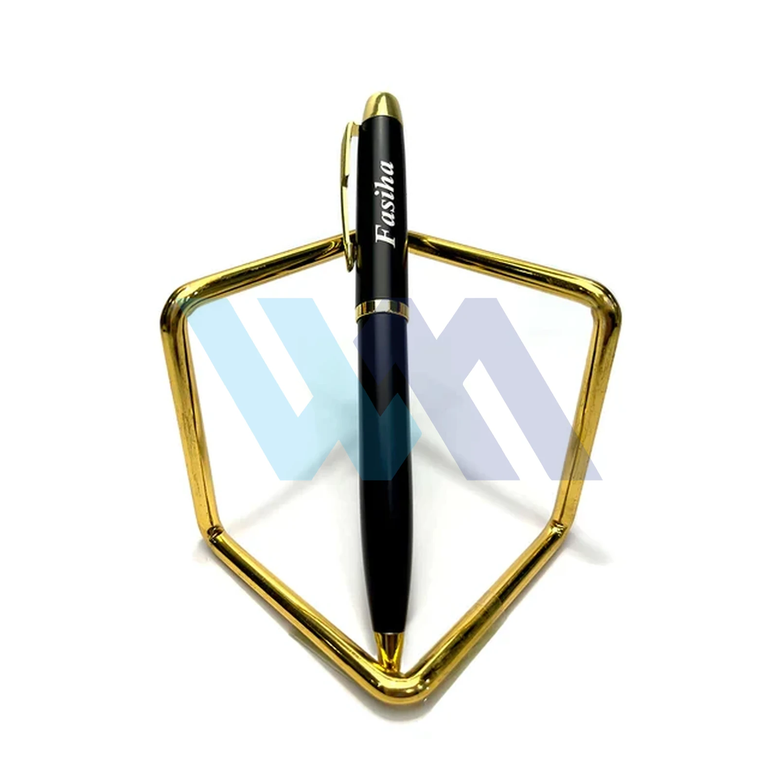 Personalized matte black ballpoint pen with gold/chrome trim, custom name engraving