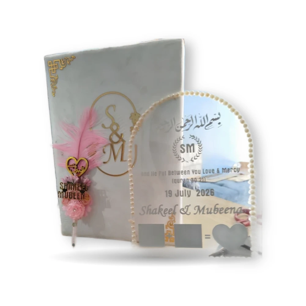 WM velvet Nikkah booklet with engraved acrylic name plate for Nikah Nama