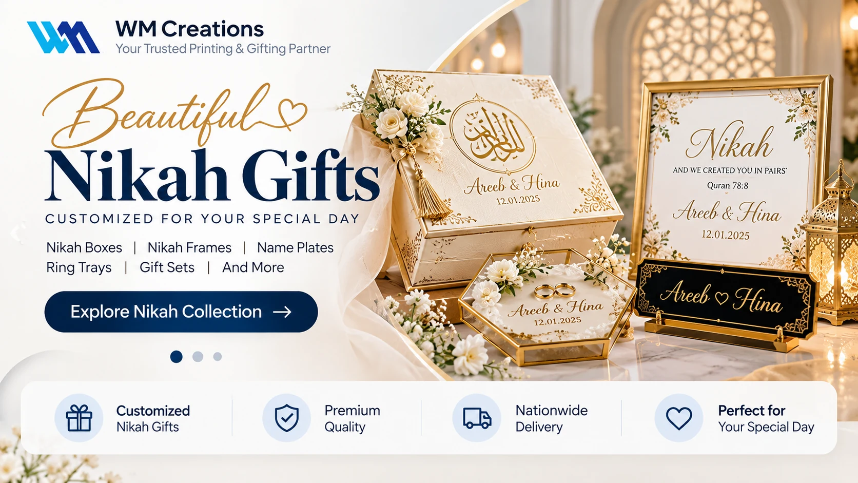 WM Creations Nikah Collection — customized Nikah gifts, boxes, frames and name plates