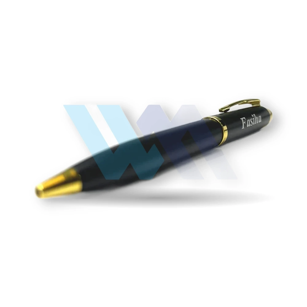 WM customized name engraved shine ball pen in matte black with gold and chrome trim – view 5