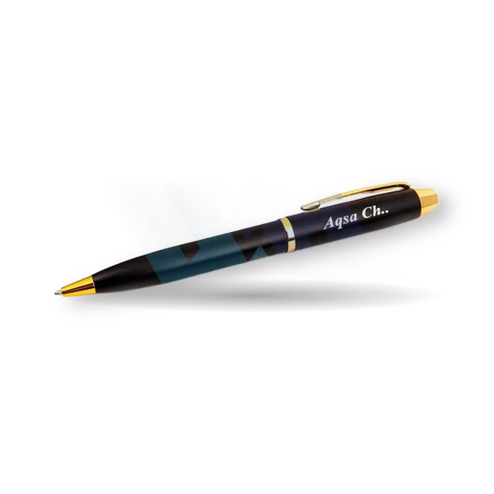 WM customized name engraved shine ball pen in matte black with gold and chrome trim – view 9