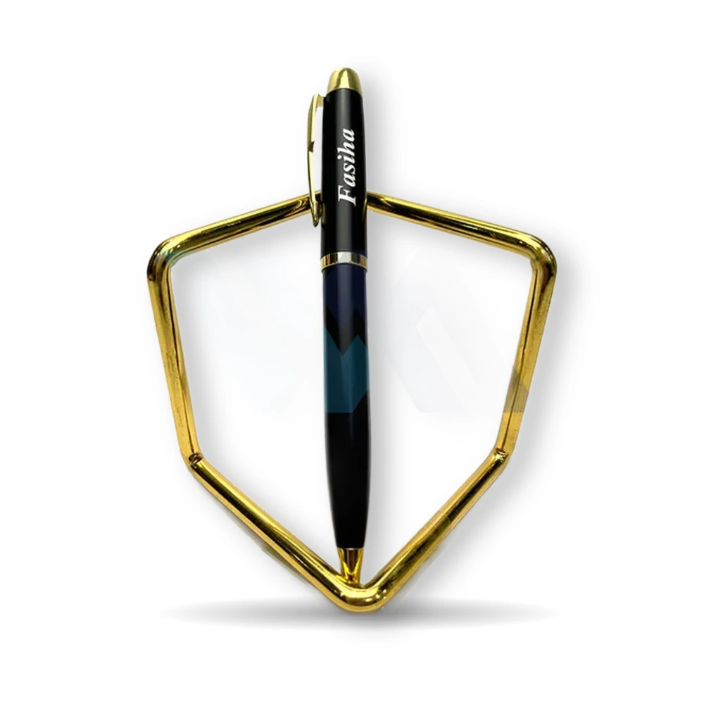 WM customized name engraved shine ball pen in matte black with gold and chrome trim – view 7