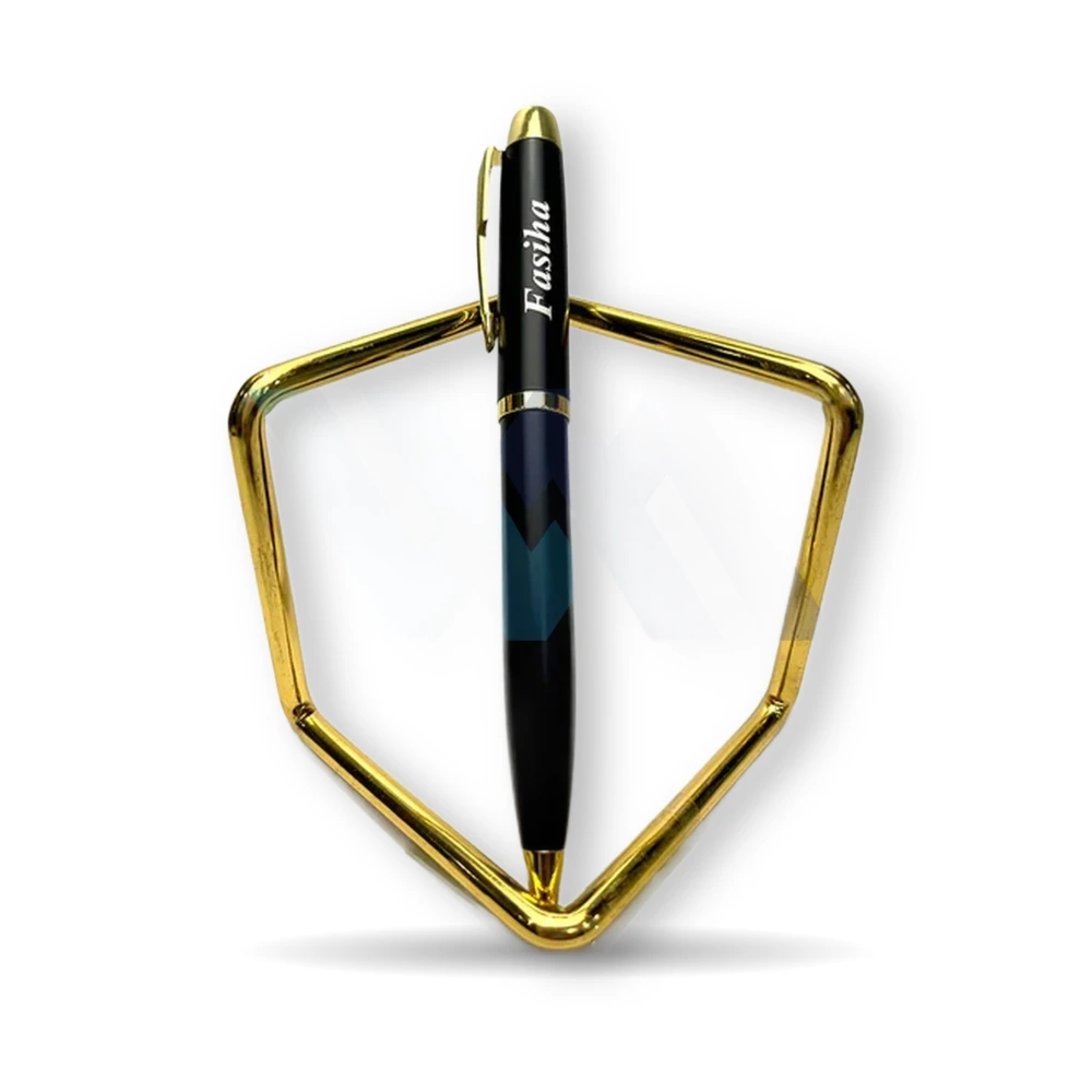 WM customized name engraved shine ball pen in matte black with gold and chrome trim – view 7