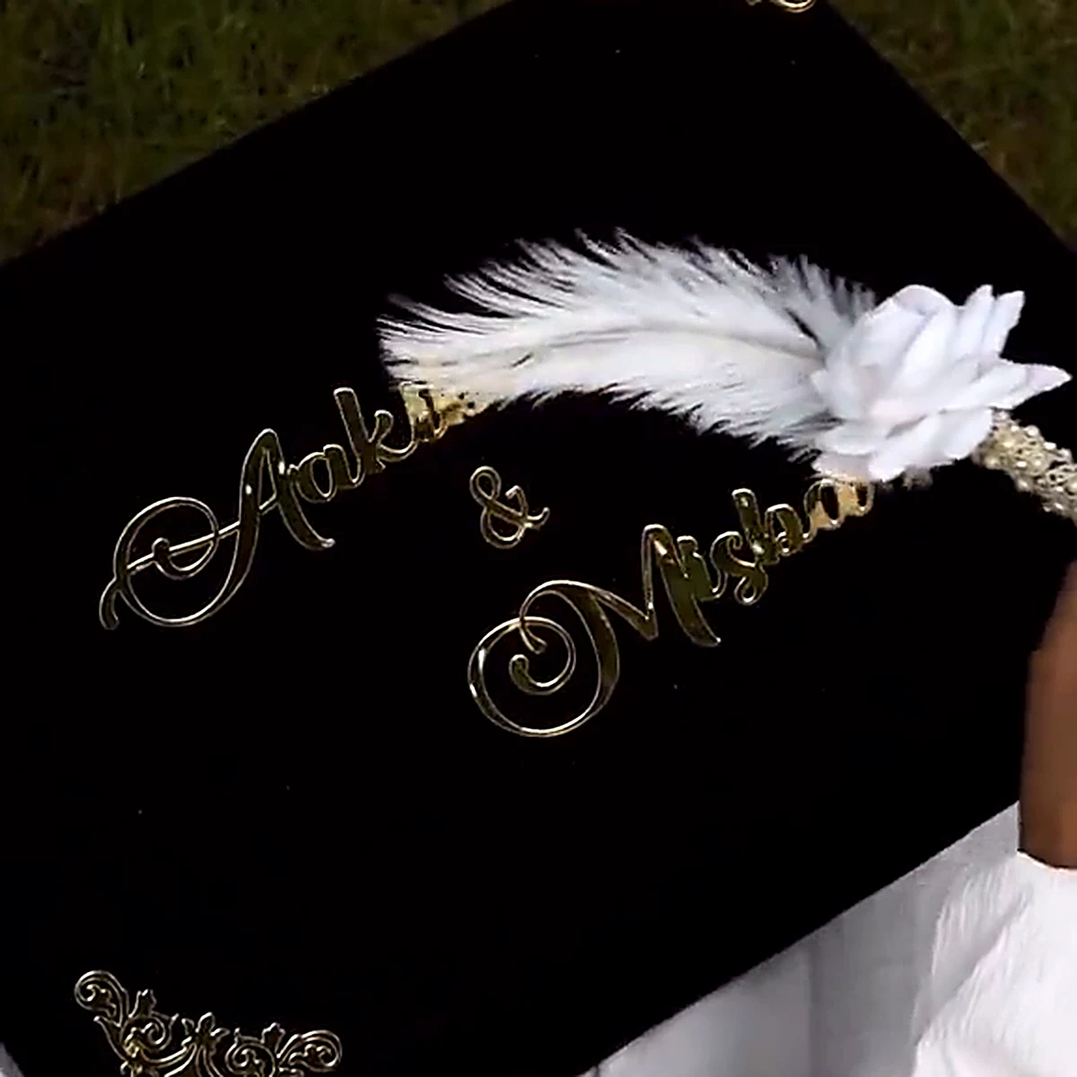 Black Velvet Nikah Box gold acrylic names close-up
