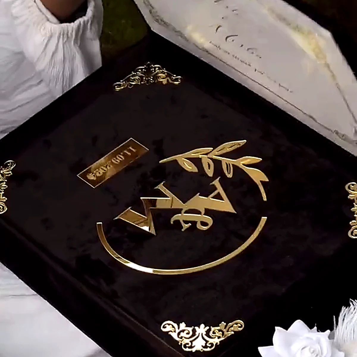 Black Velvet Nikah Box open with personalized Nikkah booklet