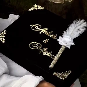 Black Velvet Nikah Box with gold acrylic names and Nikah pen