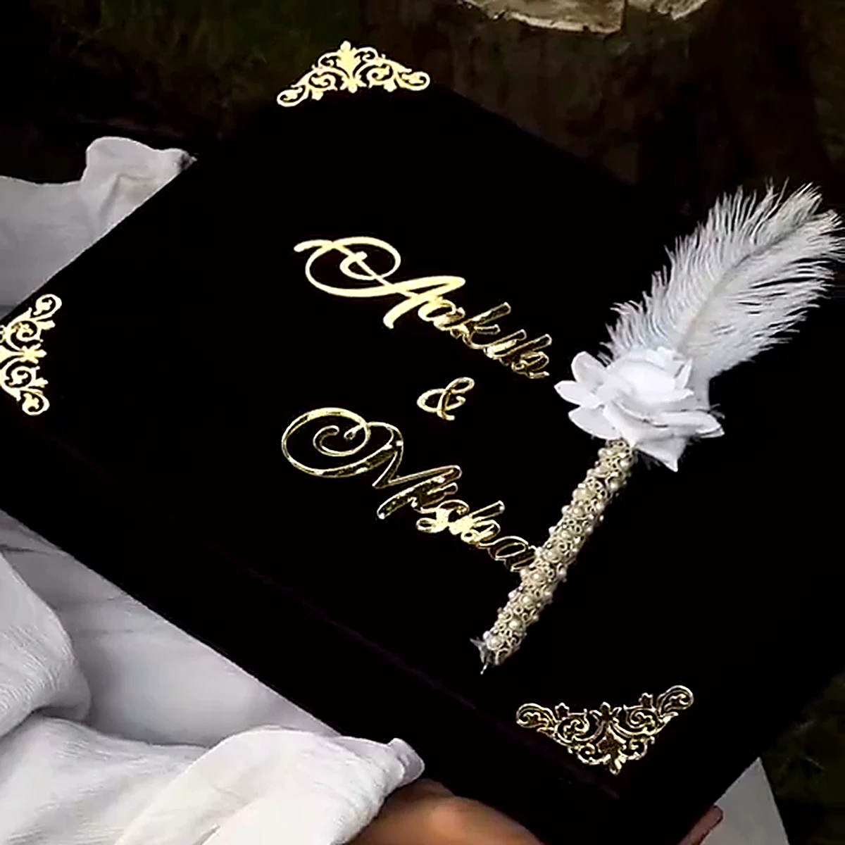 Black Velvet Nikah Box with gold acrylic names and Nikah pen