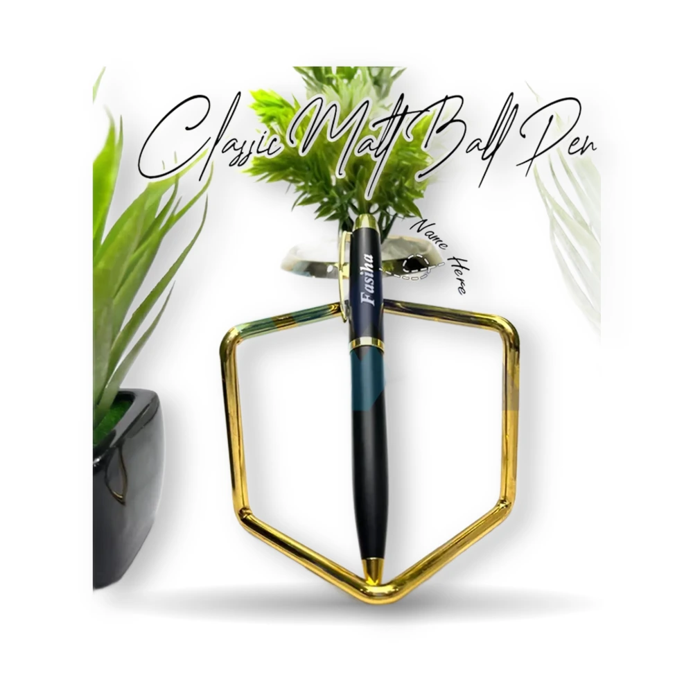 WM customized name engraved shine ball pen in matte black with gold and chrome trim – view 4