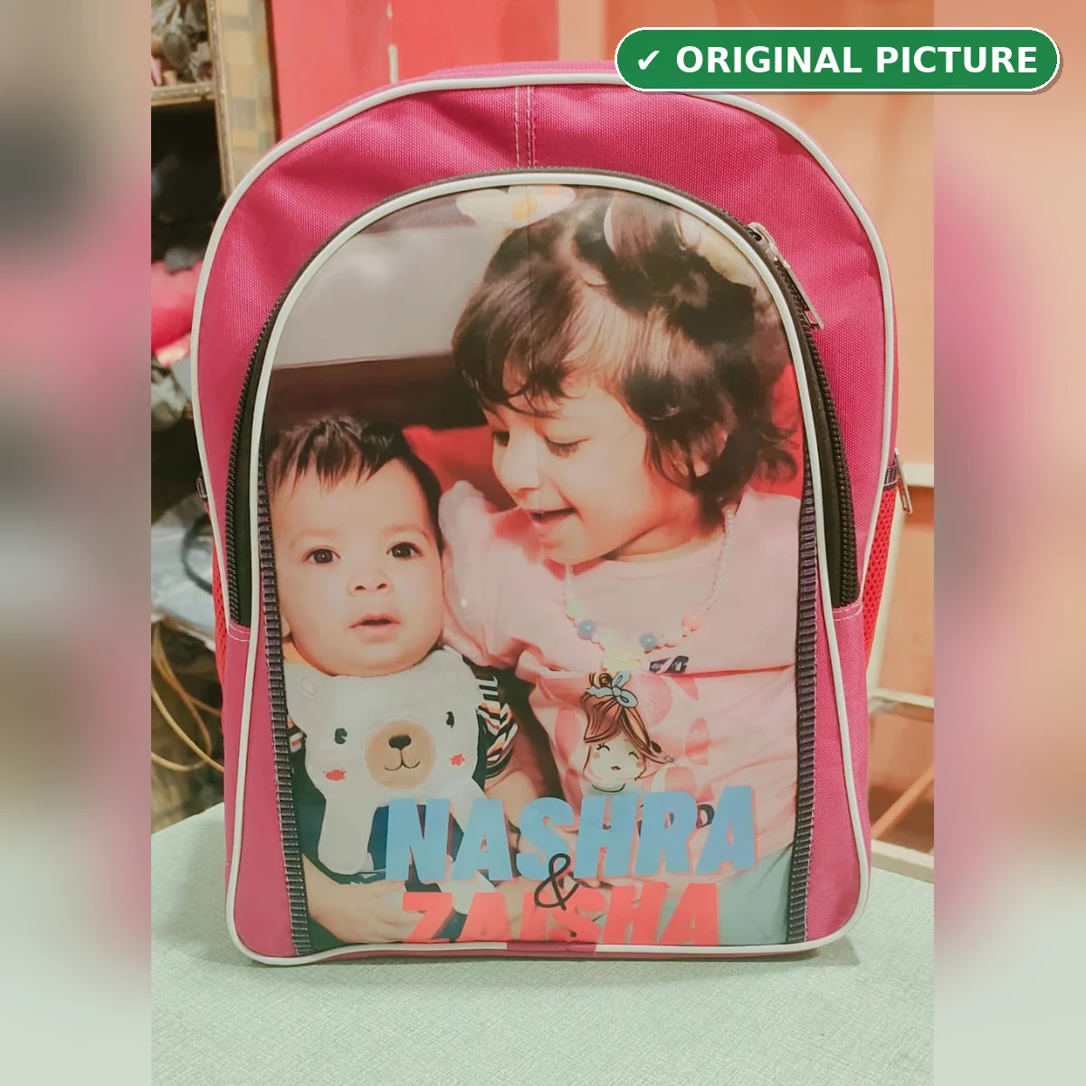 Personalized School Bag with photo and name - pink custom kids backpack