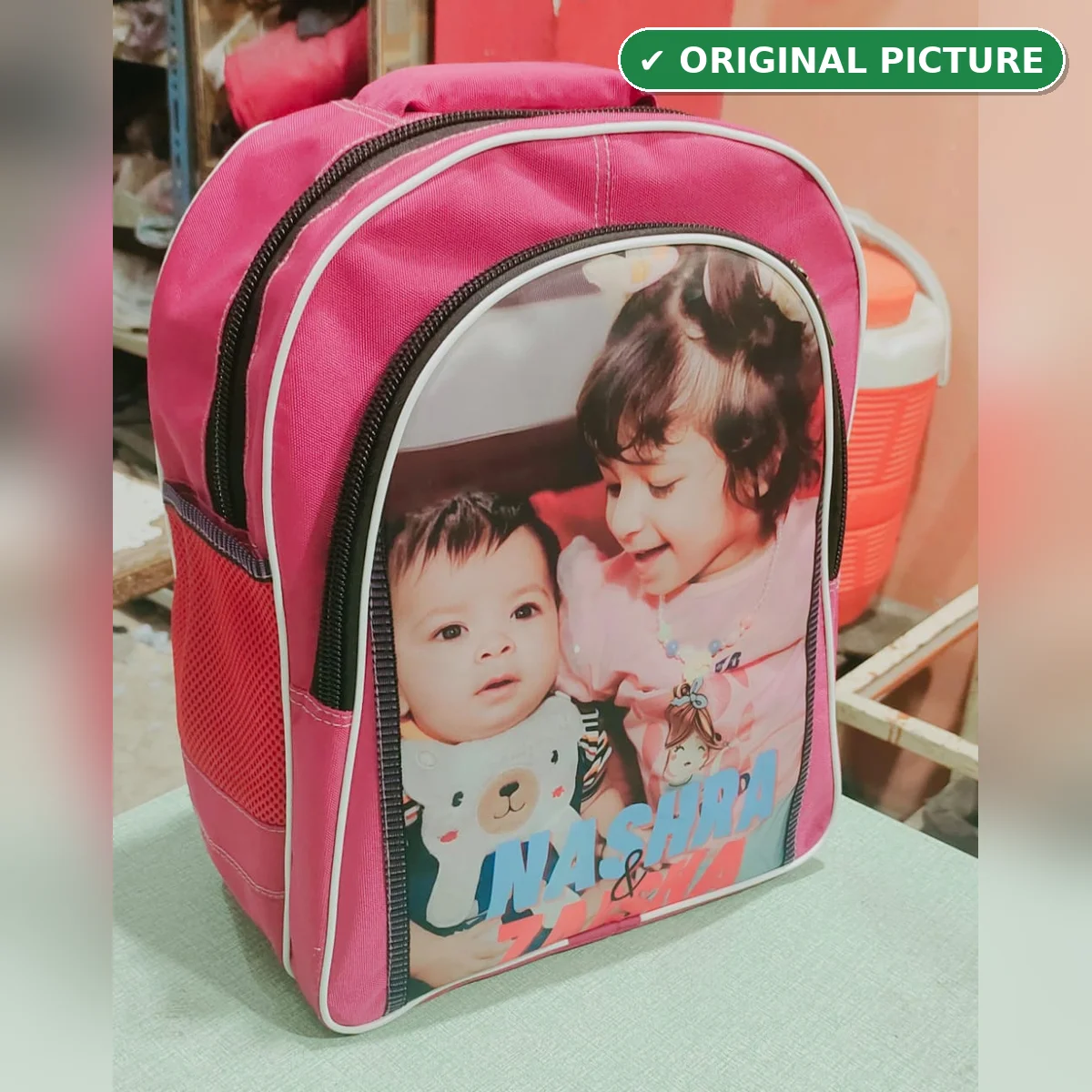 Personalized School Bag pink side view with mesh pocket