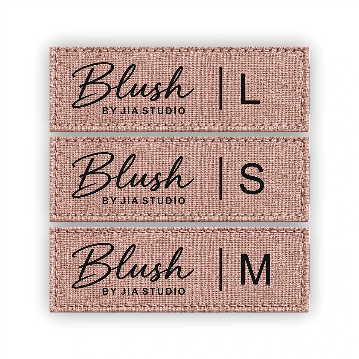 Custom woven size labels in blush pink with S, M and L letters