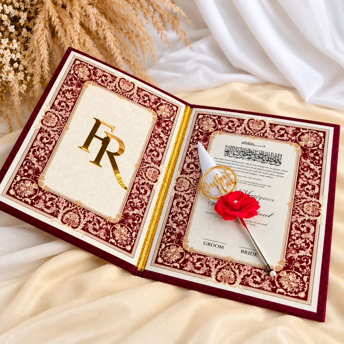 Nikah Certificate Book with Pen - personalized velvet nikahnama folder