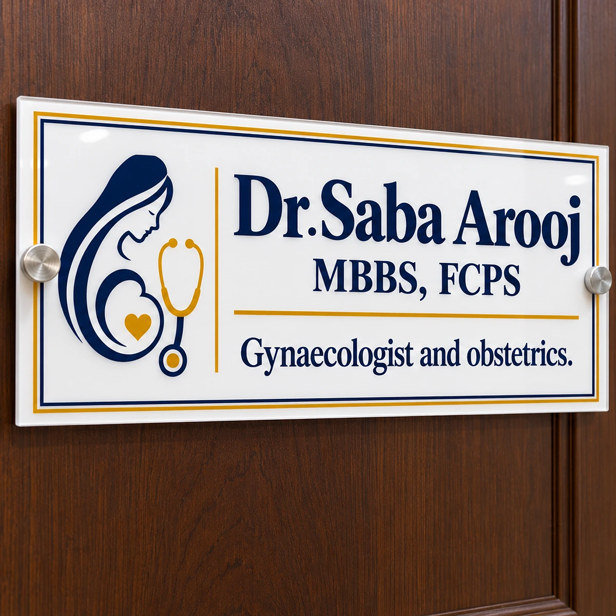 Acrylic doctor name plate with spacers on a clinic door