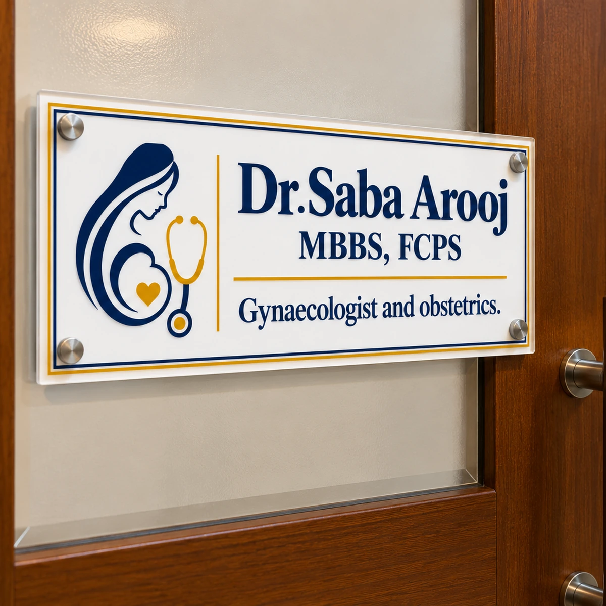 Name plate fixed on a glass clinic door with four spacers
