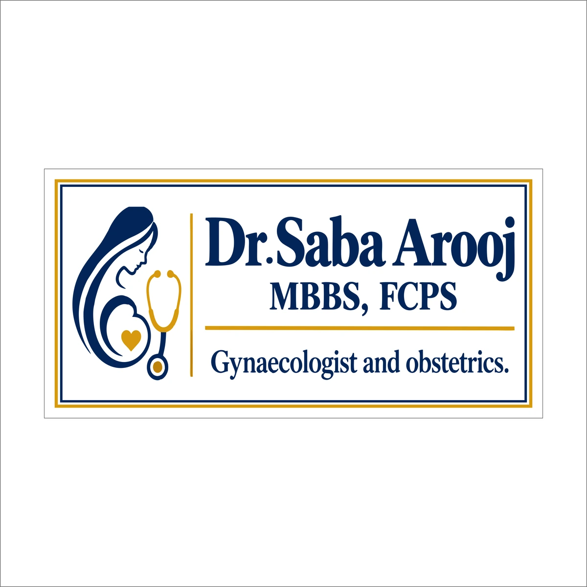 Front view of a gynaecologist name plate design with navy and gold border