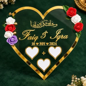 Heart nikah thumb print plate with flowers in golden acrylic
