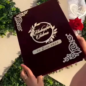 Maroon Velvet Nikah Folder with gold acrylic names cover