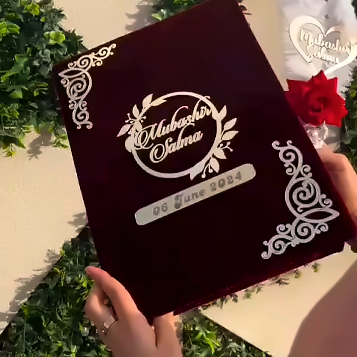 Maroon Velvet Nikah Folder with gold acrylic names cover