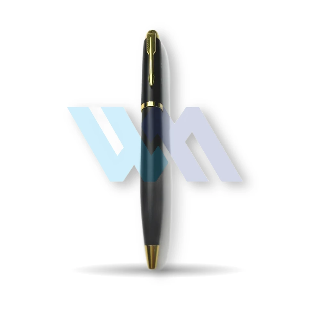 WM customized name engraved shine ball pen in matte black with gold and chrome trim – view 3