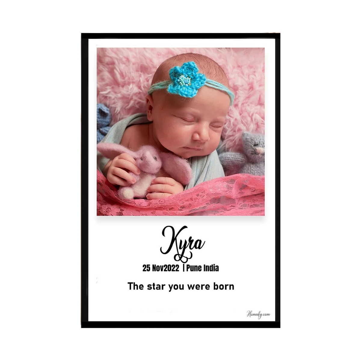 Personalized newborn baby photo frame with baby picture, name and birth date in black frame