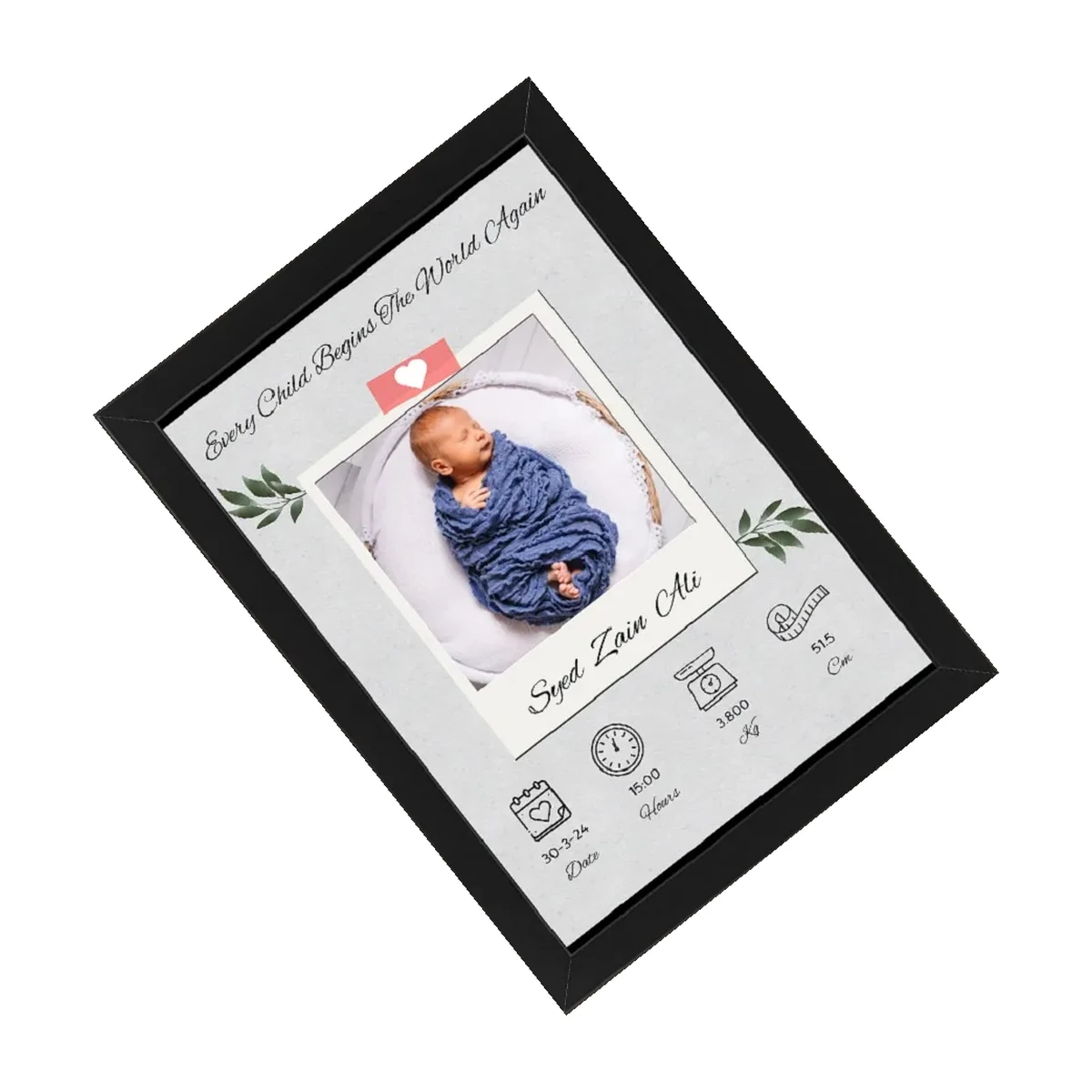 Custom newborn baby birth details photo frame with name, date, time, weight and height