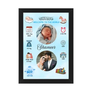 WM personalized newborn baby photo frame with baby name, birth date, time, weight and parents photo – Welcome to the World design