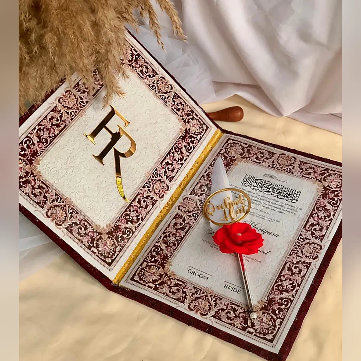 White Nikah Certificate Book inner pages with gold monogram