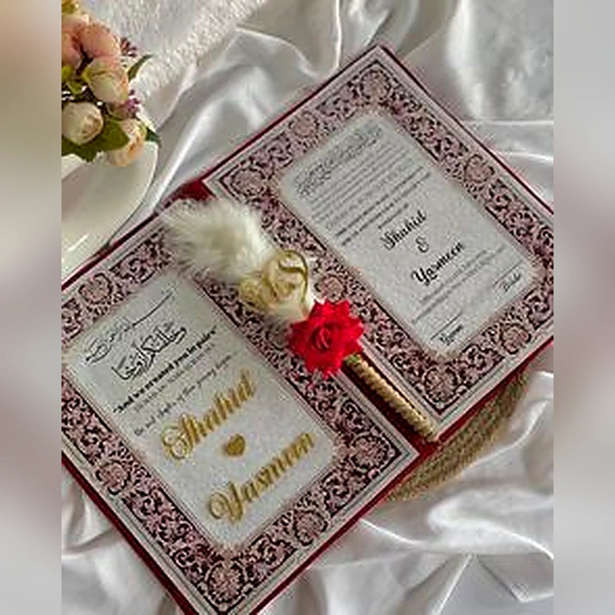 White Nikah Certificate Book inner pages with bride and groom names