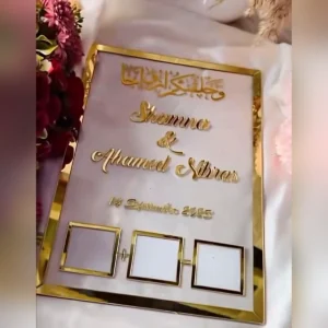 Gold mirror acrylic Nikah thumb print plate with names and three boxes