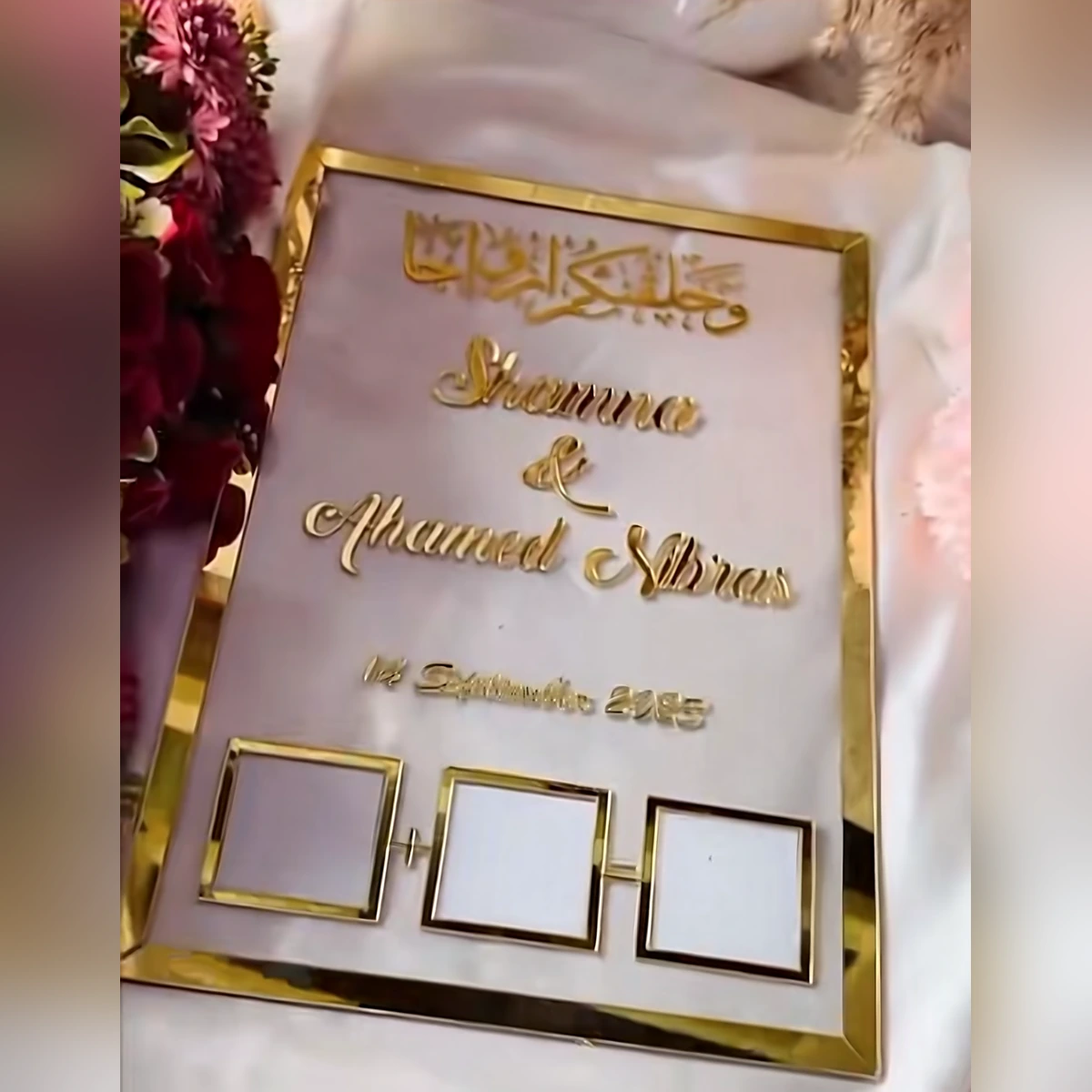 Gold mirror acrylic Nikah thumb print plate with names and three boxes