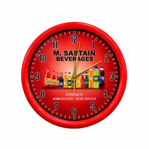 Promotional wall clock with business logo and products printed on dial
