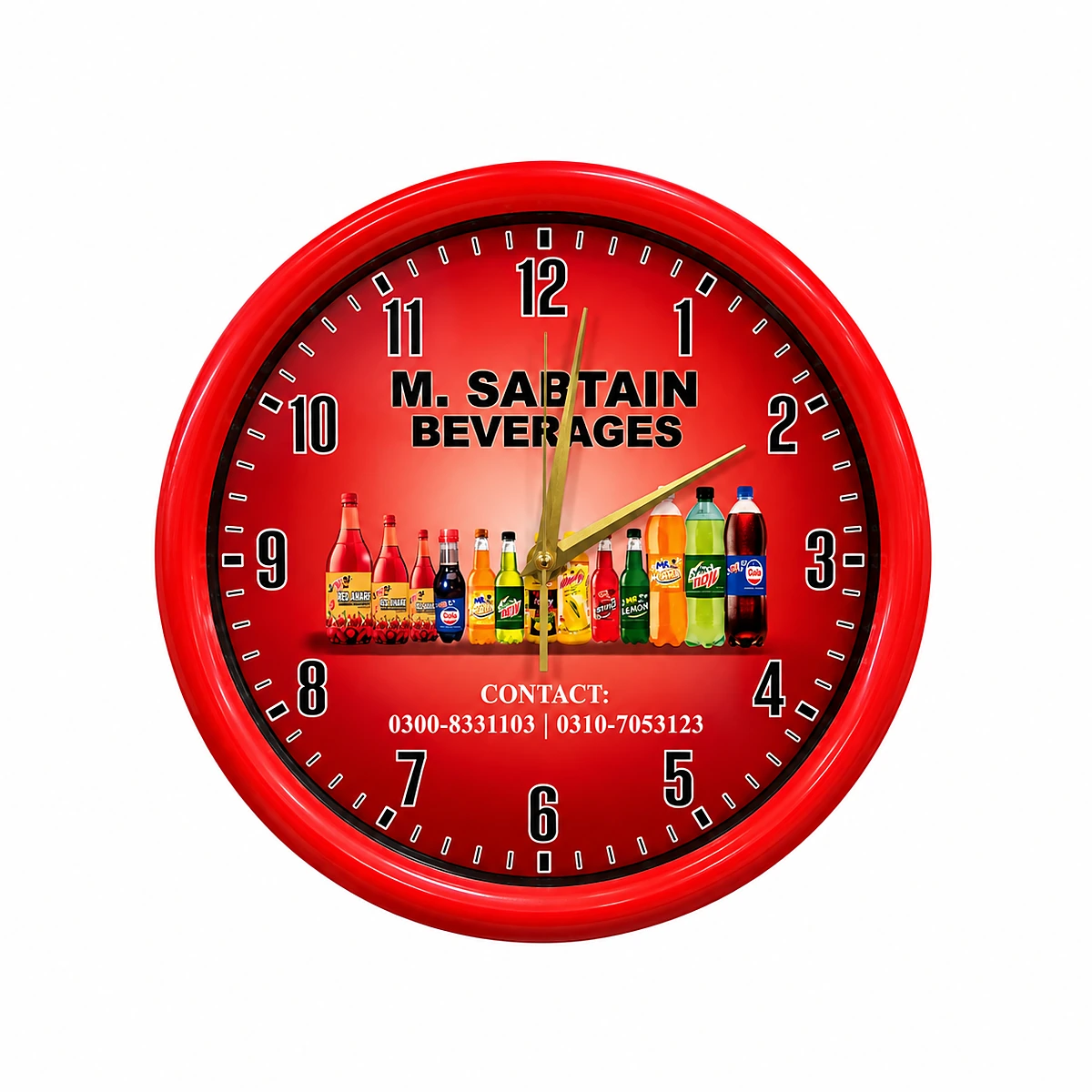 Promotional wall clock with business logo and products printed on dial