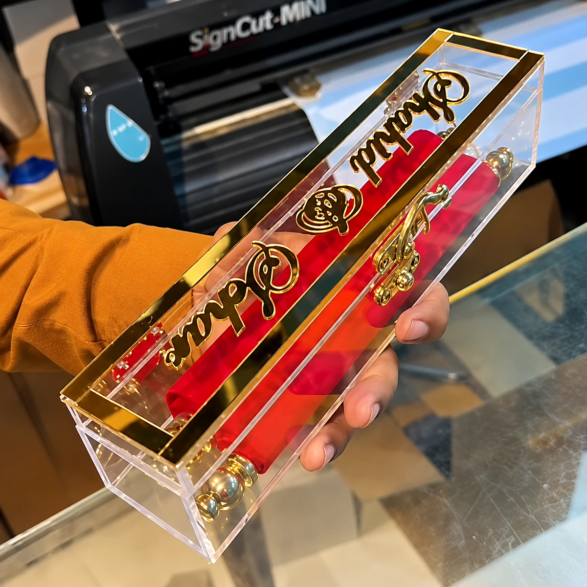 Rasm e tareekh acrylic box with golden names and shaneel scroll