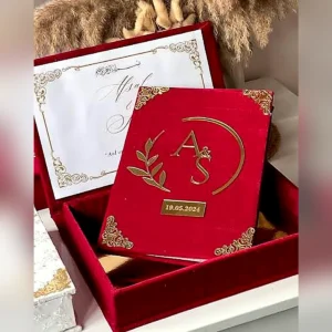 Red Velvet Nikah Box with personalized Nikkah booklet and acrylic name plate