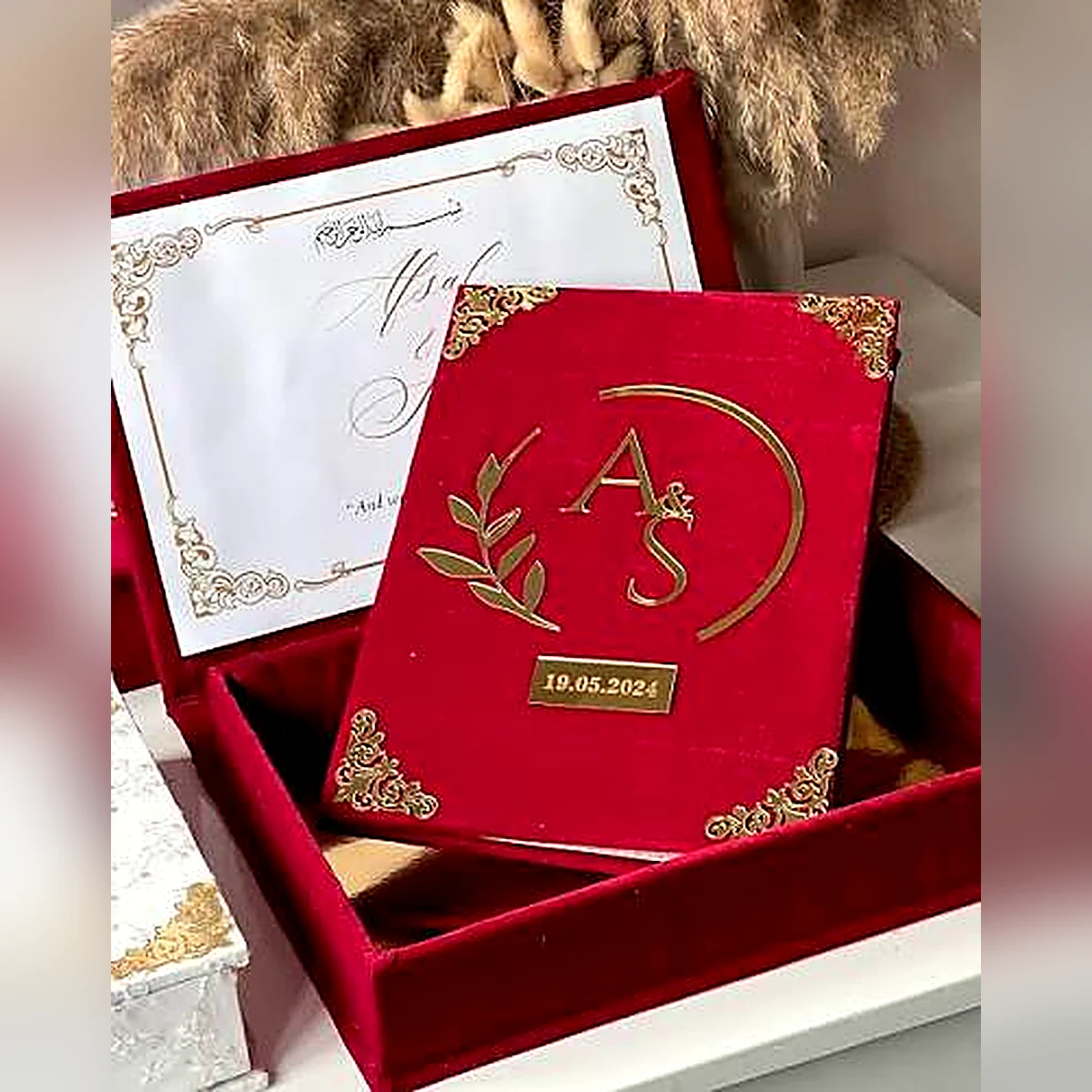 Red Velvet Nikah Box with personalized Nikkah booklet and acrylic name plate