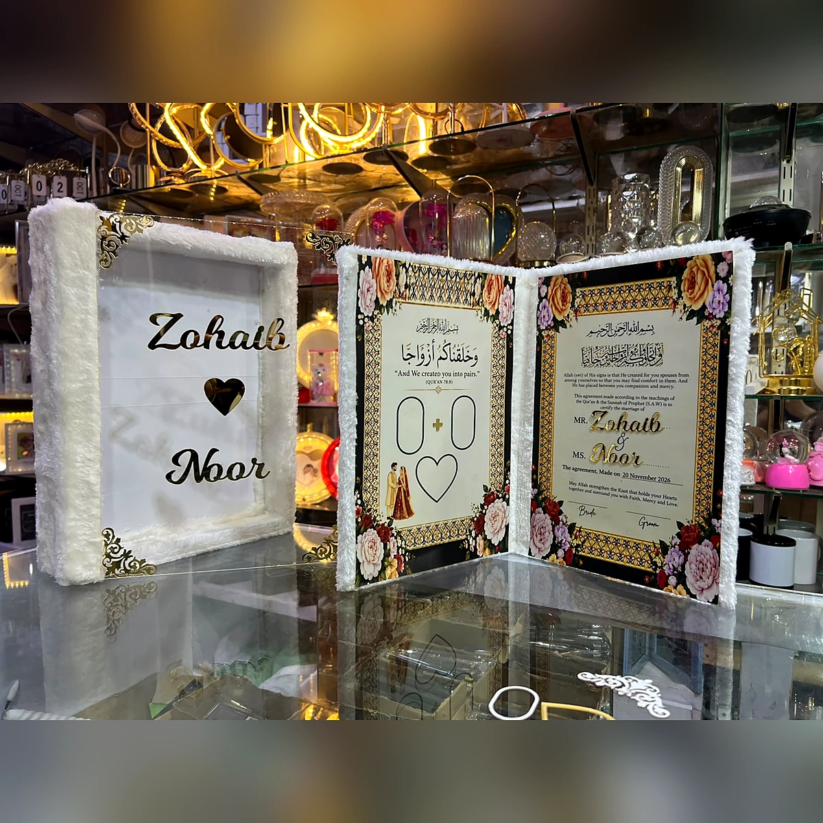 White fur Nikah box with acrylic Nikah book and name cover