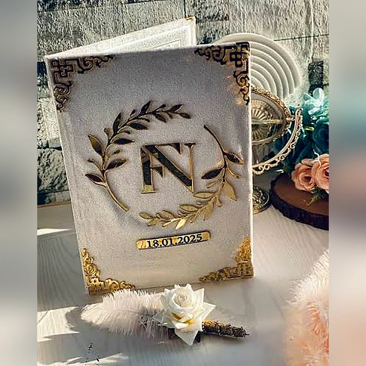 White Nikah Certificate Book with monogram and pen