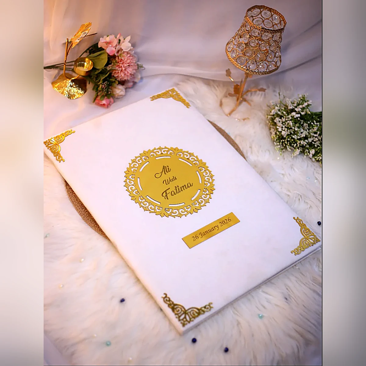 White Nikah Certificate Book with pen - personalized velvet nikahnama folder