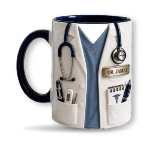WM personalized doctor mug with doctor coat design, stethoscope and custom name badge