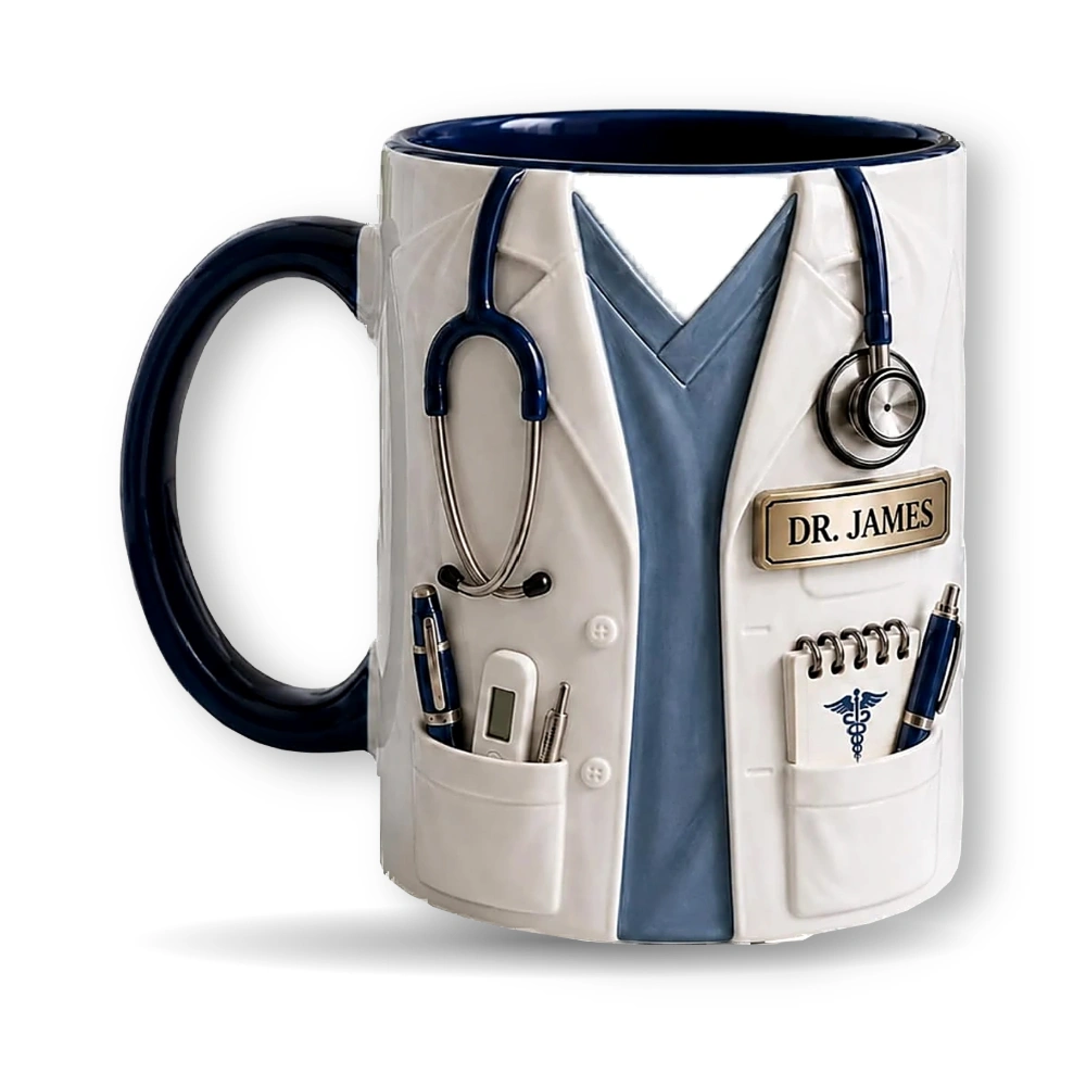 WM personalized doctor mug with doctor coat design, stethoscope and custom name badge
