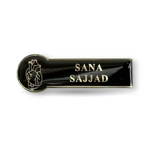 WM black and gold medical name badge with anatomical heart logo