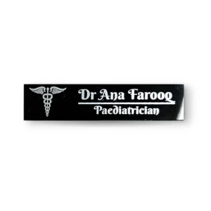 WM black custom name badge for doctors with silver caduceus logo