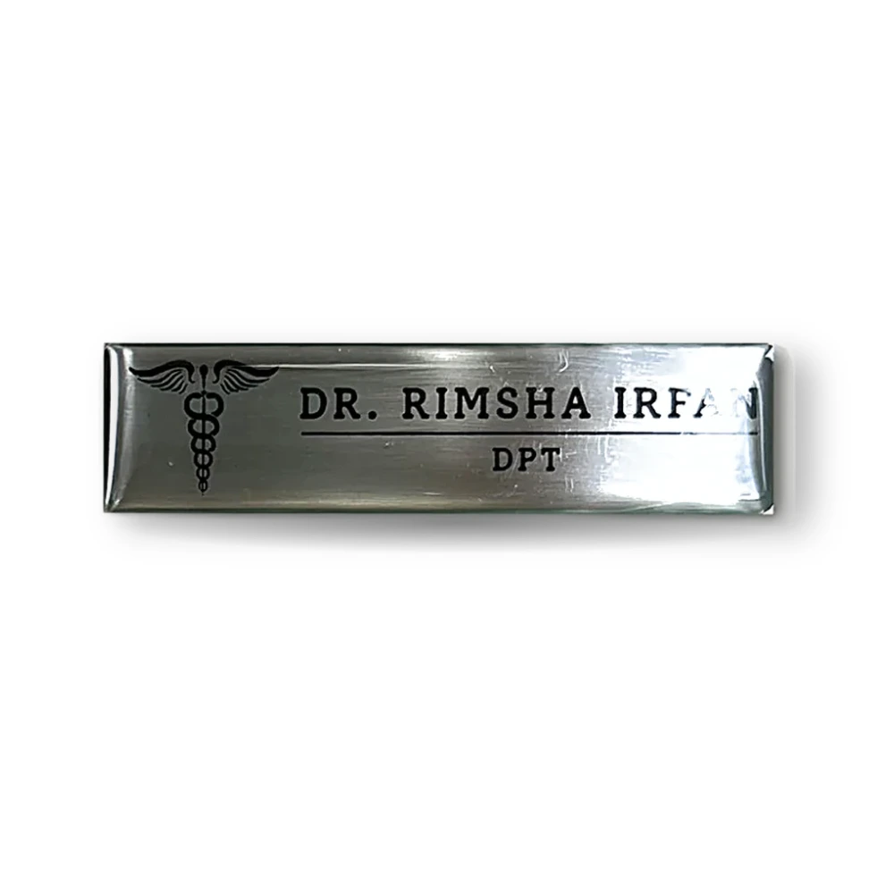 WM brushed silver doctor name plate badge with black caduceus logo